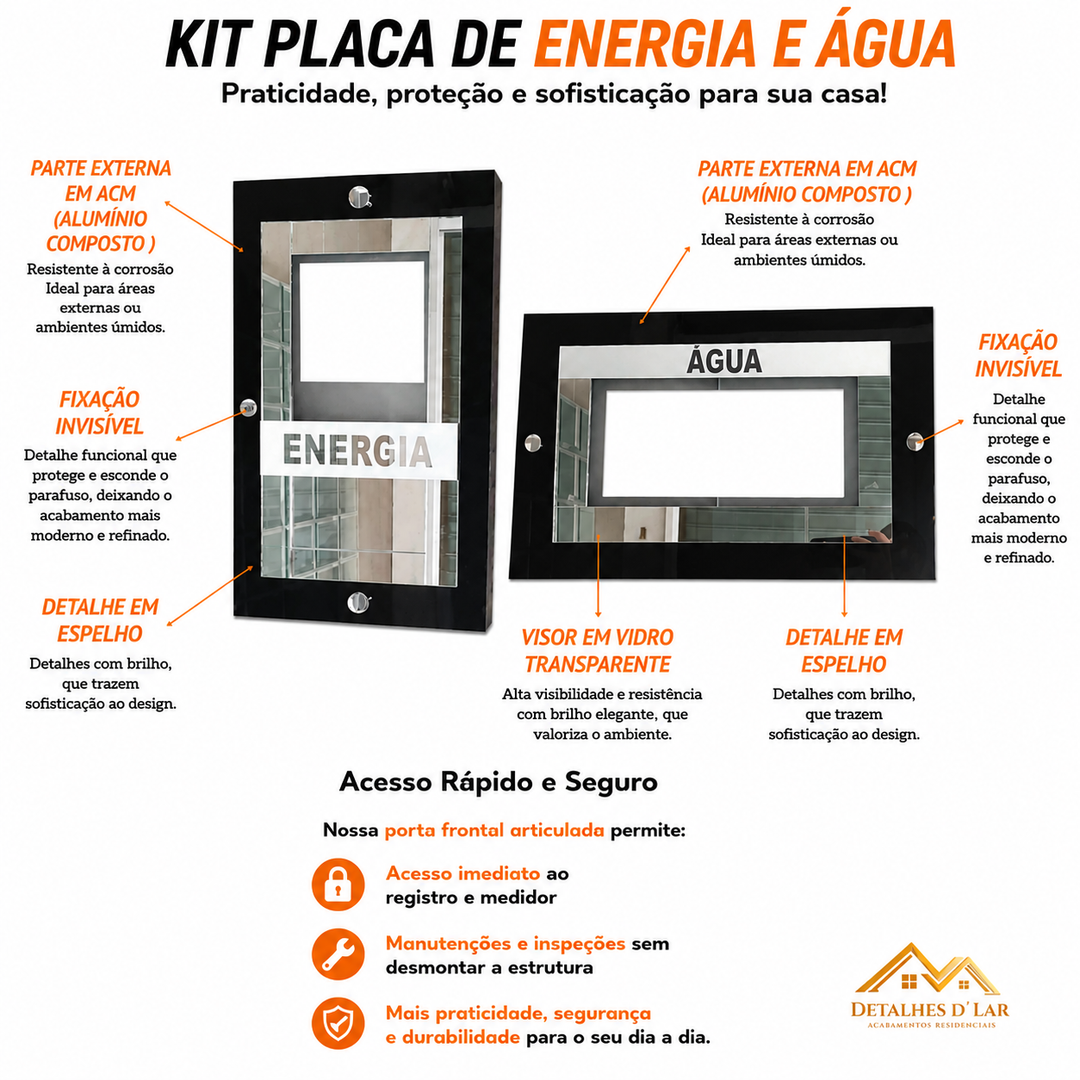 KIT 3 PEÇAS PREMIUM, EM ACM E VIDRO, PADRÃO DE ENERGIA E HIDRÔMETRO